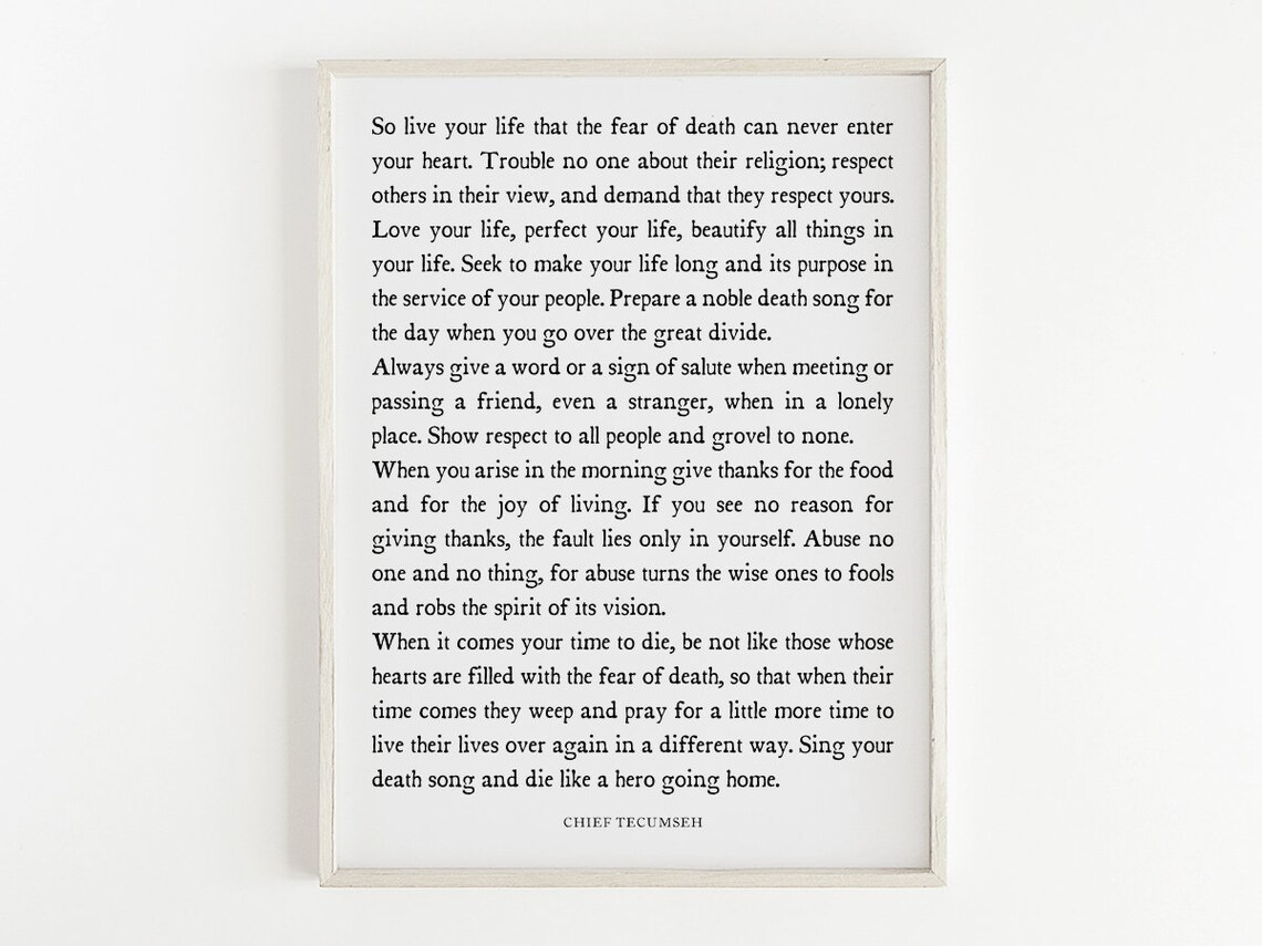 Live Your Love Quote By Chief Tecumseh Speech Poem Print Inspiration Wall Art Typography Decor Leader Gift