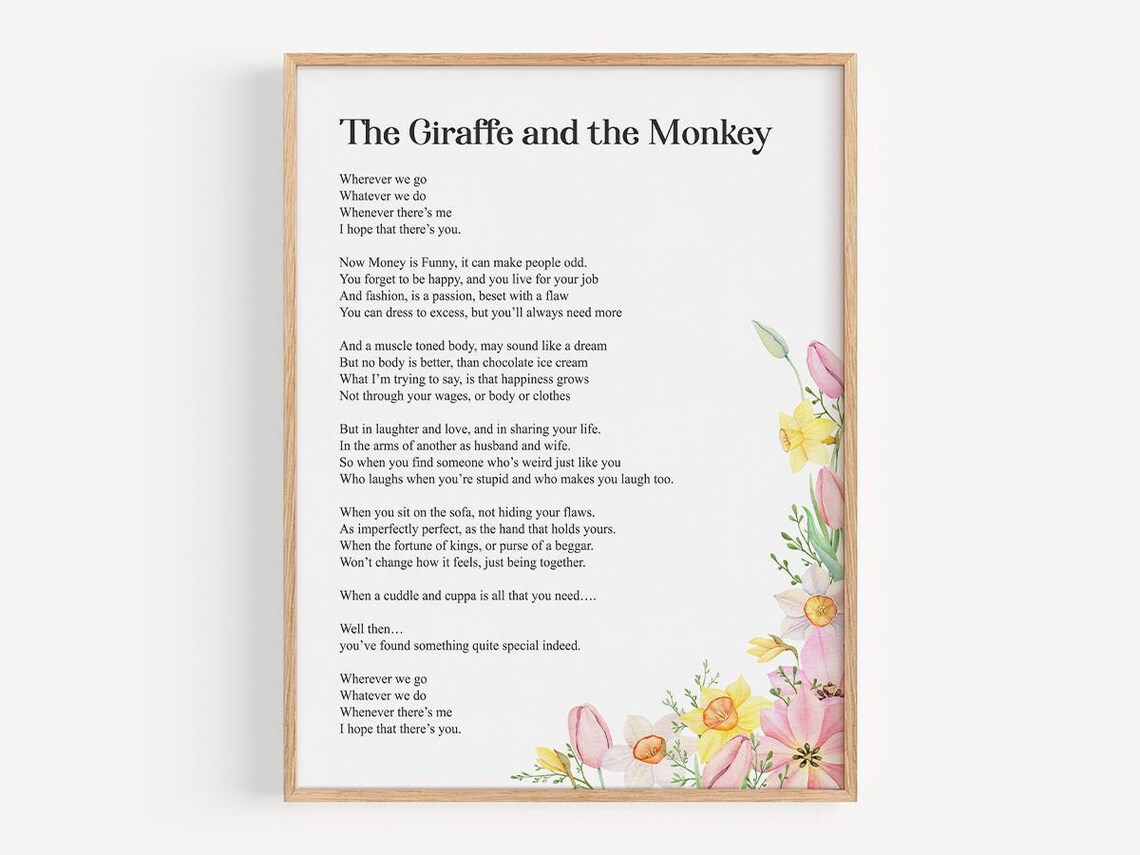 Giraffe And The Monkey Poem, Wedding Reading Art Print
