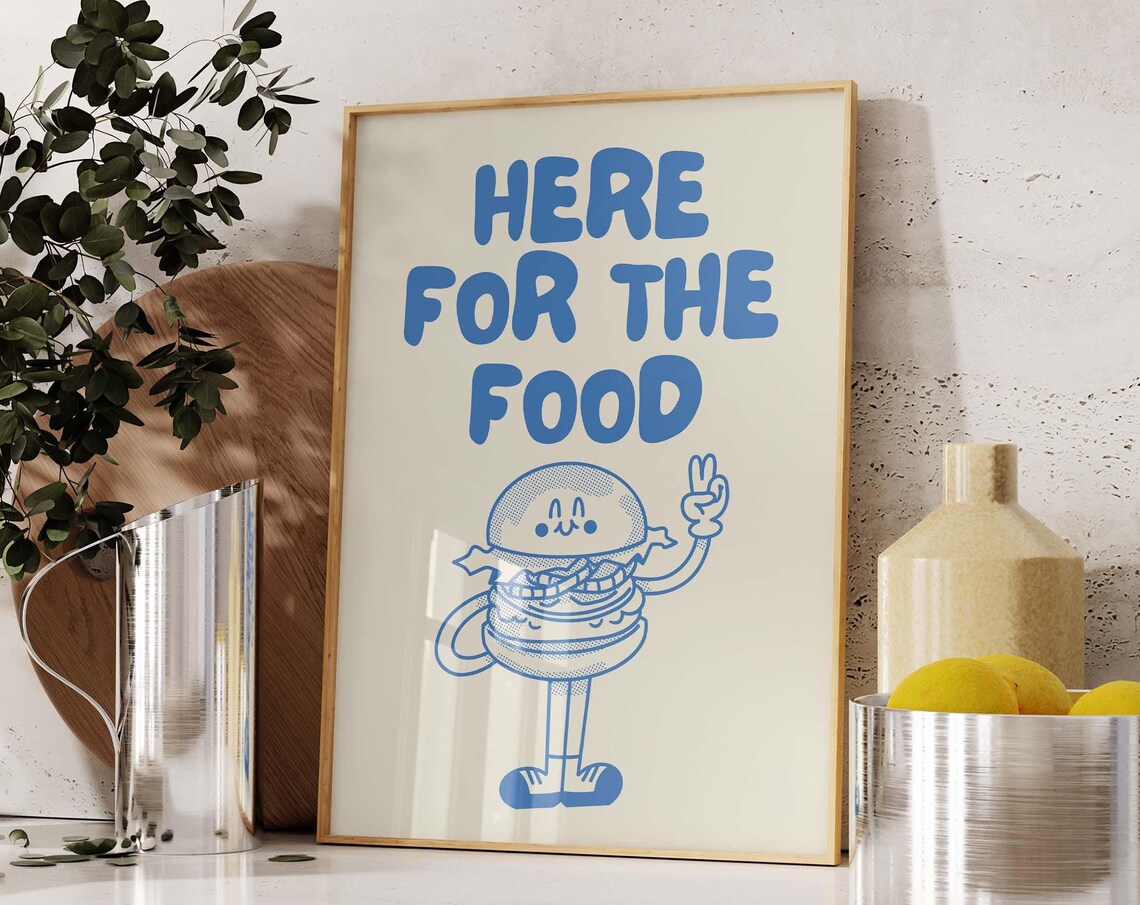 Adorable Here For The Food Burger Character Retro Blue Print