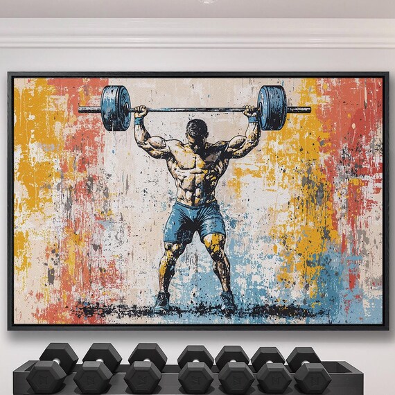 Man Pressing Loaded Barbell Overhead On Distressed Vintage Poster