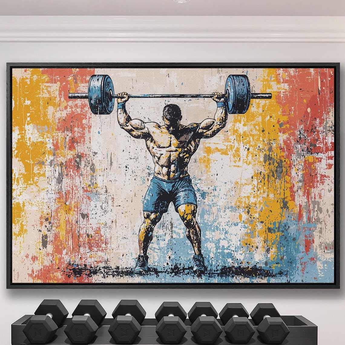 Man Pressing Loaded Barbell Overhead On Distressed Vintage Poster