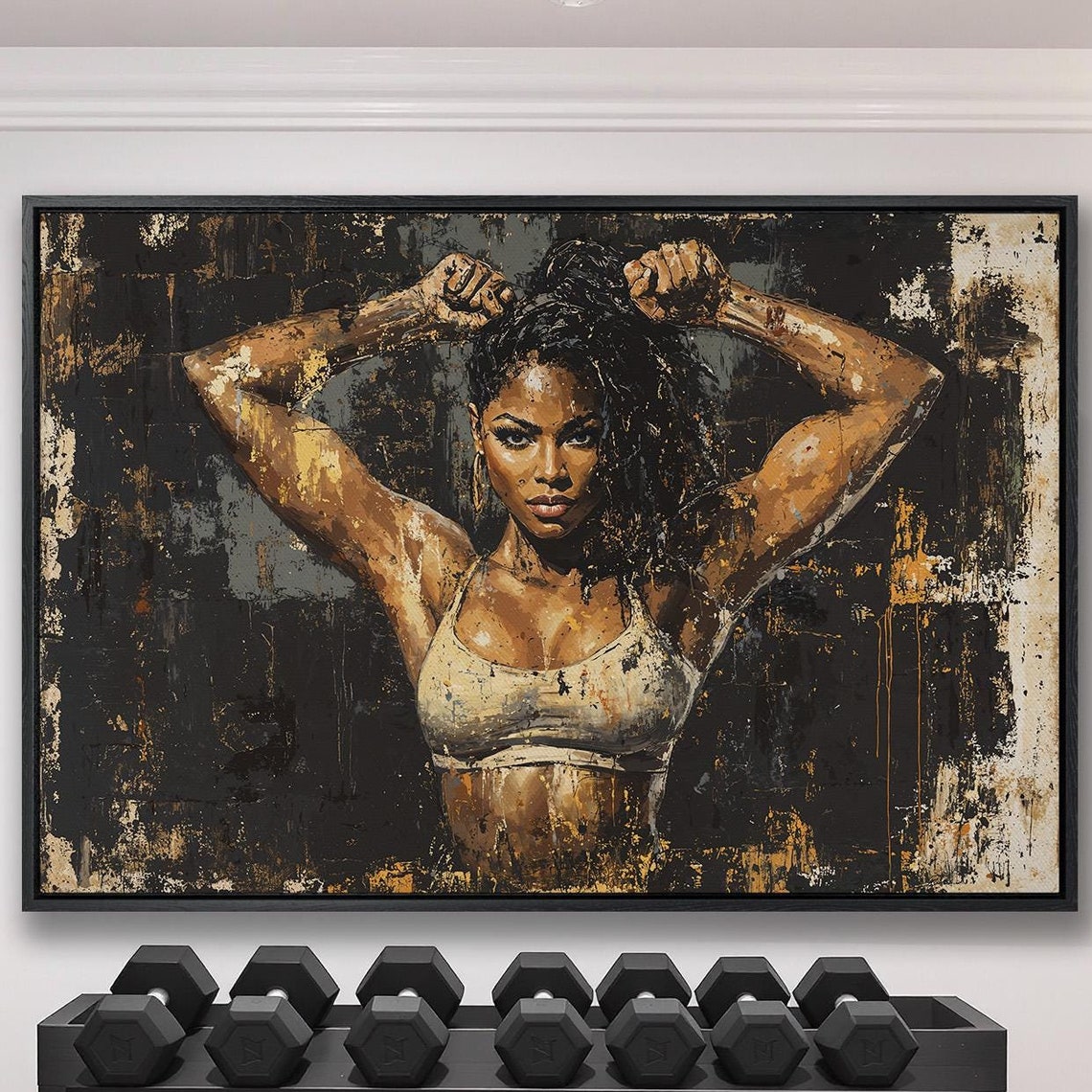Fit Black Woman With Arms Raised On Dark Black Gold Gym Poster