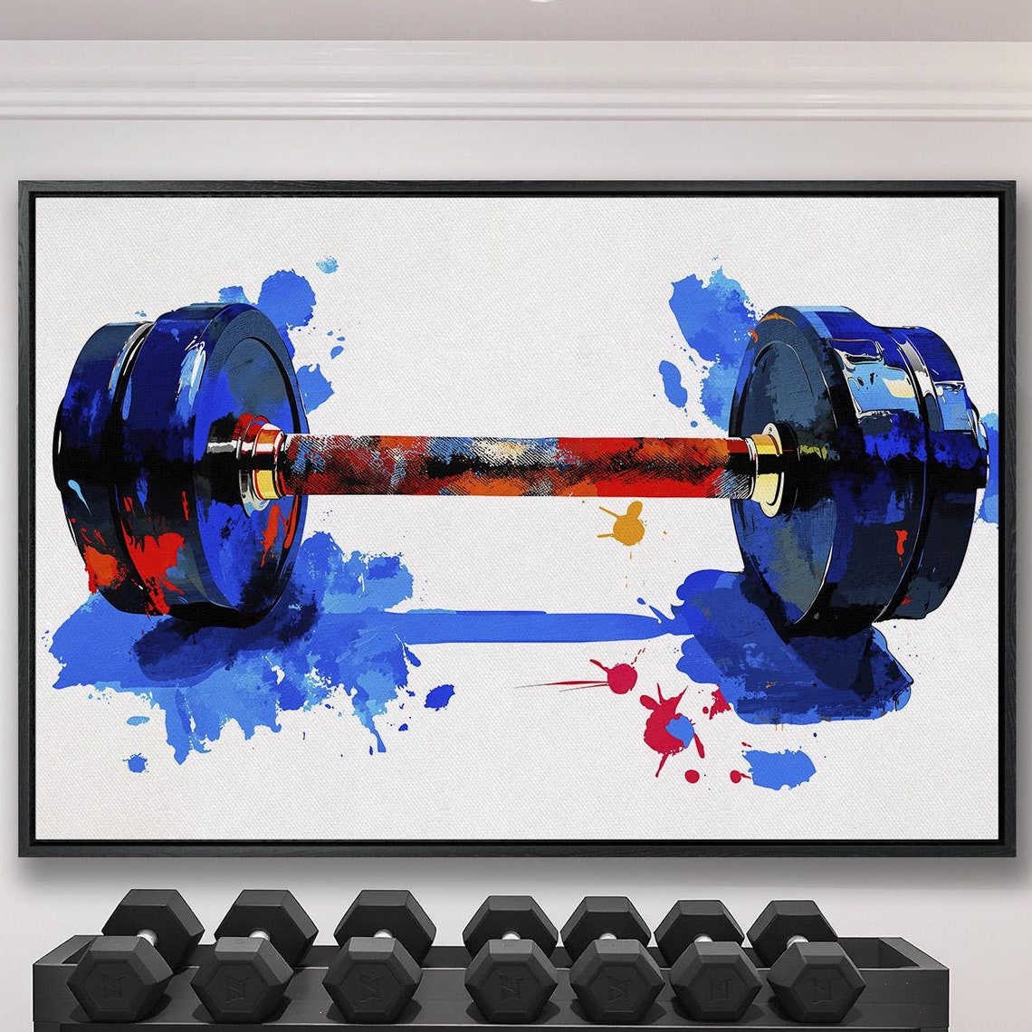 Dumbbell with Blue Plates and Red Bar on White Splatter Poster