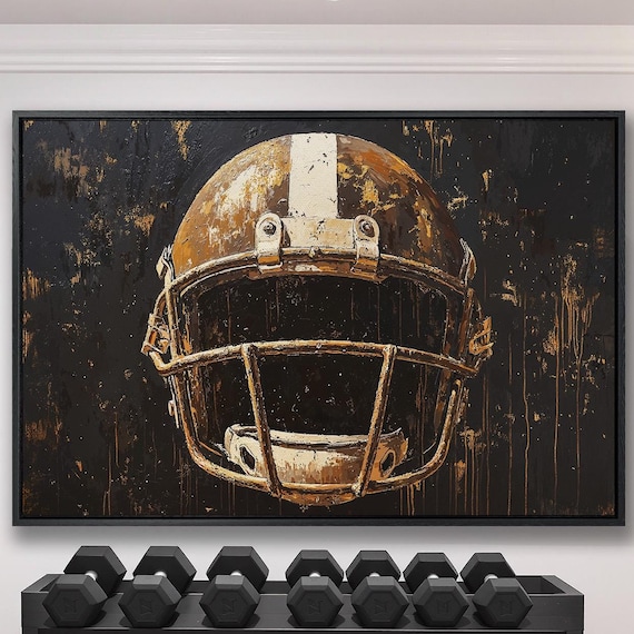 Bronze Football Helmet Front Portrait on Black Sports Poster