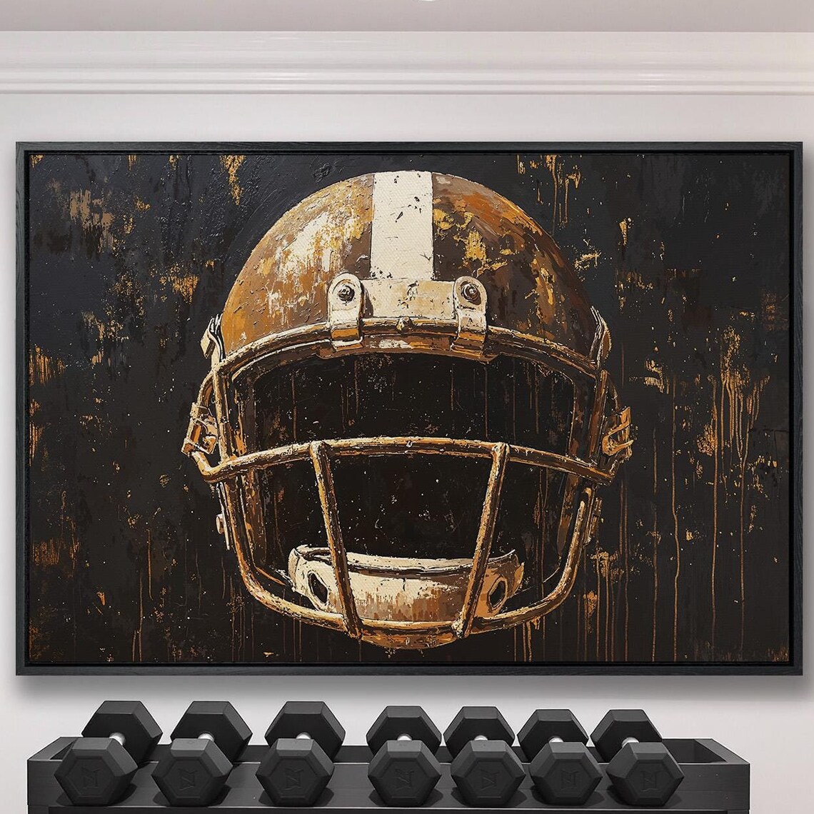 Bronze Football Helmet Front Portrait on Black Sports Poster
