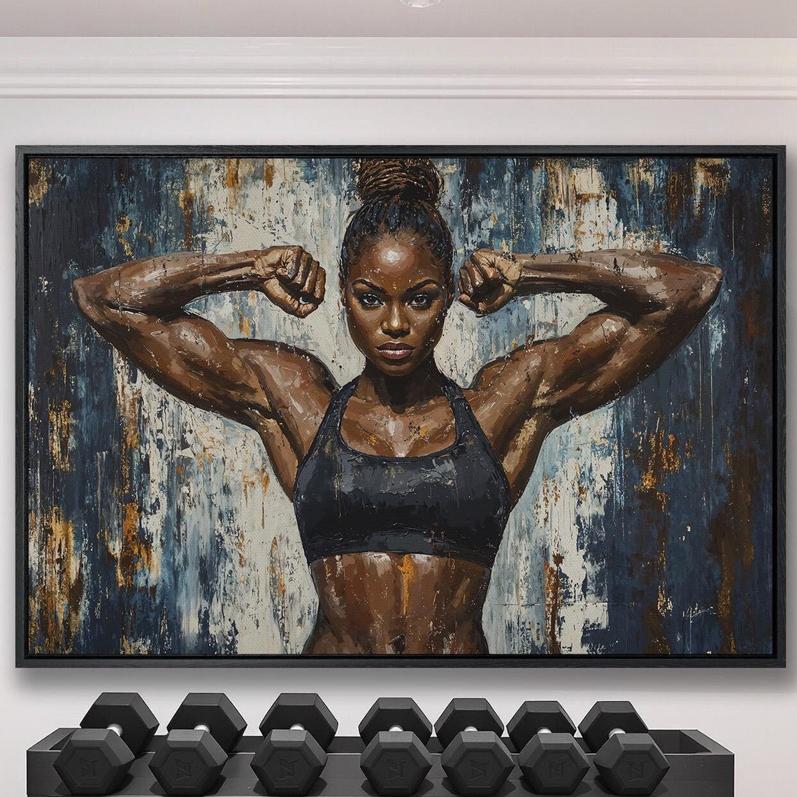 Athletic Woman Double Biceps Pose on Blue Gold Grunge Poster