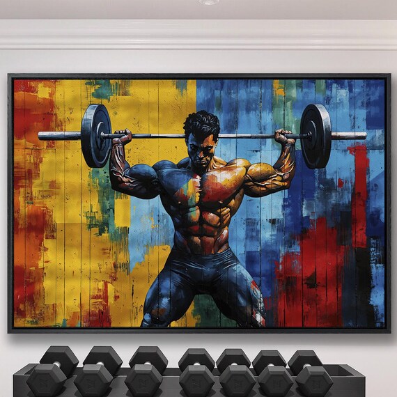 Muscular Male Bodybuilder Barbell Squat Colorful Abstract Gym Poster
