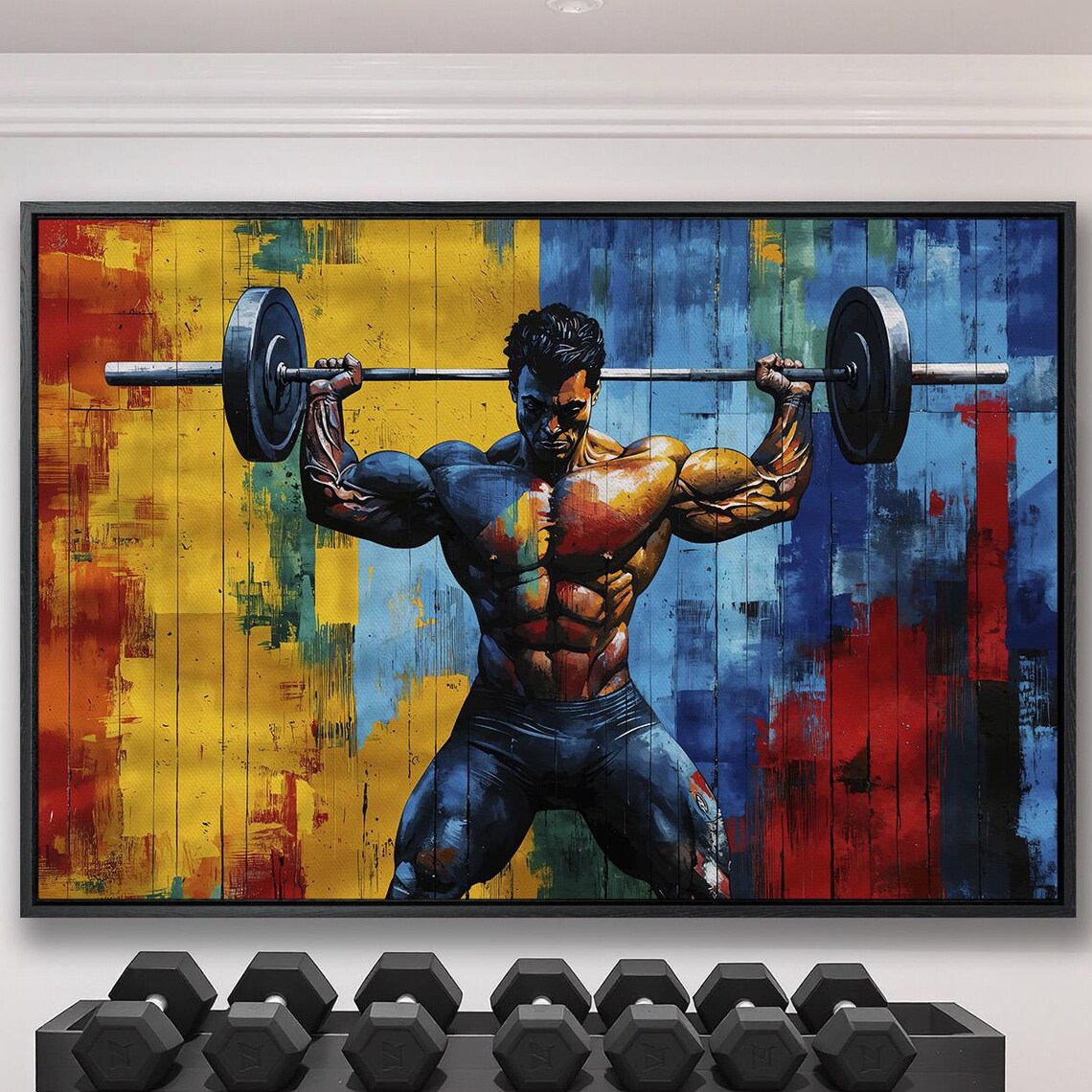 Muscular Male Bodybuilder Barbell Squat Colorful Abstract Gym Poster