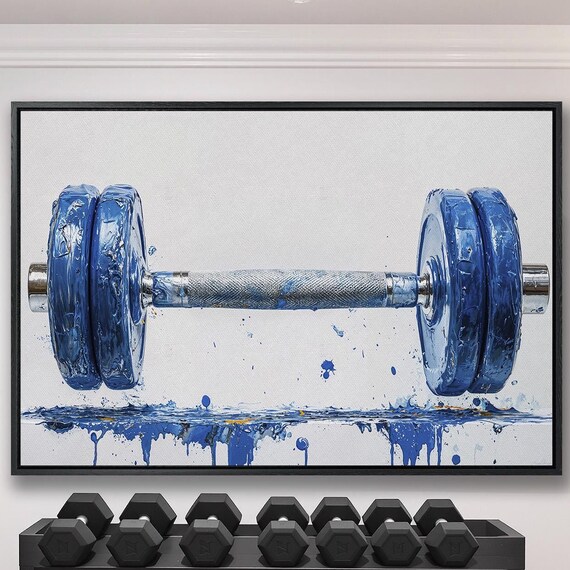Blue Painted Dumbbell with Paint Drips on White Fitness Poster