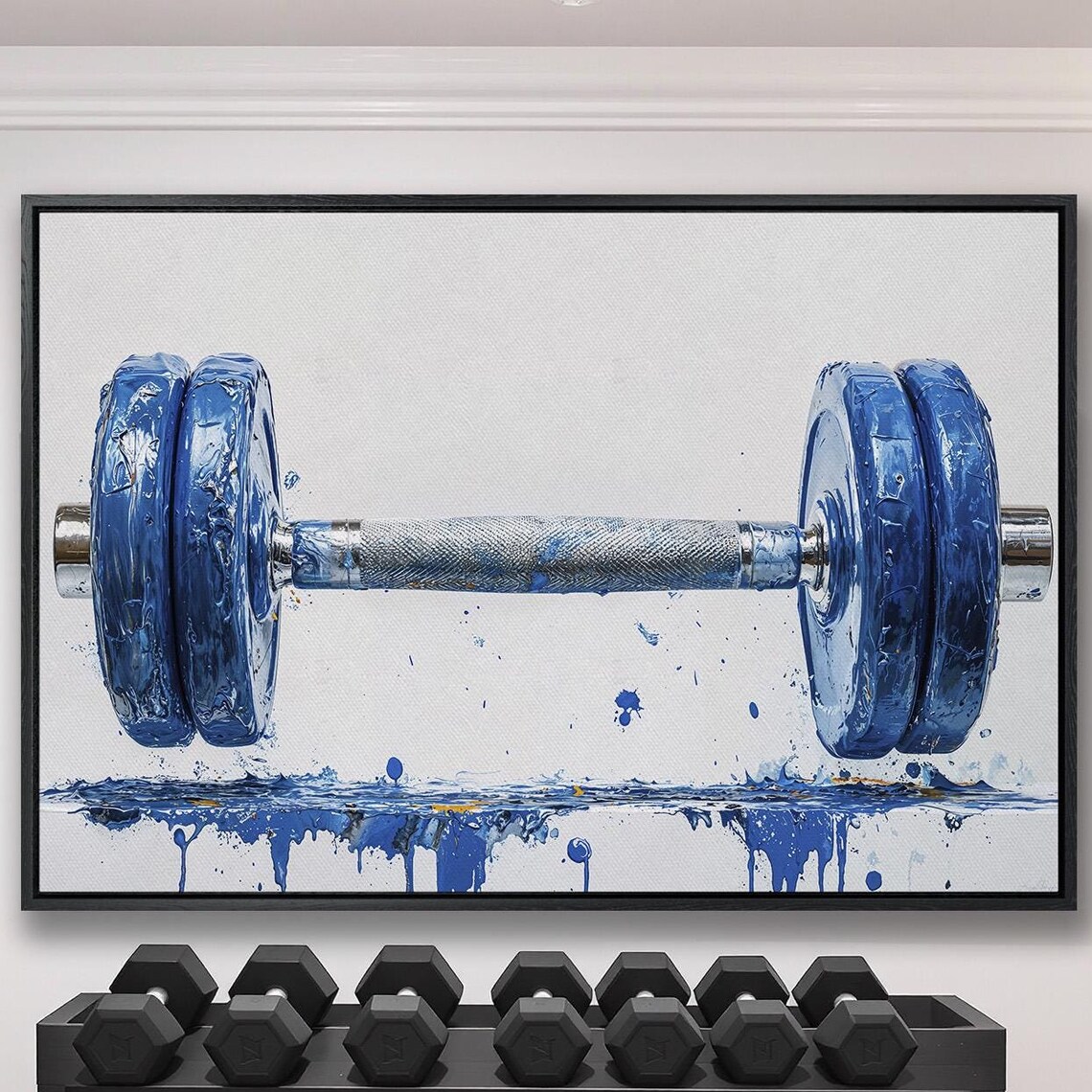 Blue Painted Dumbbell with Paint Drips on White Fitness Poster