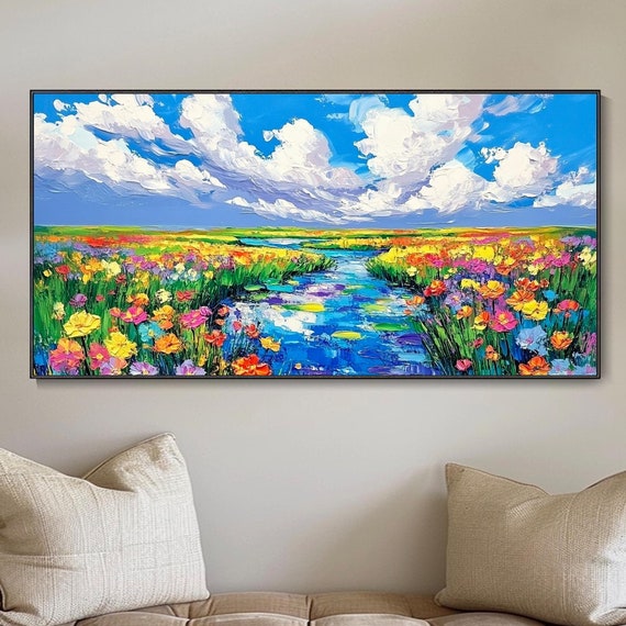 Sky Clouds Wall Art Oil Painting Natural Scenery Wild Field Meadow Landscape Boho Style Thick Texture Knife Art Living Room Bedroom