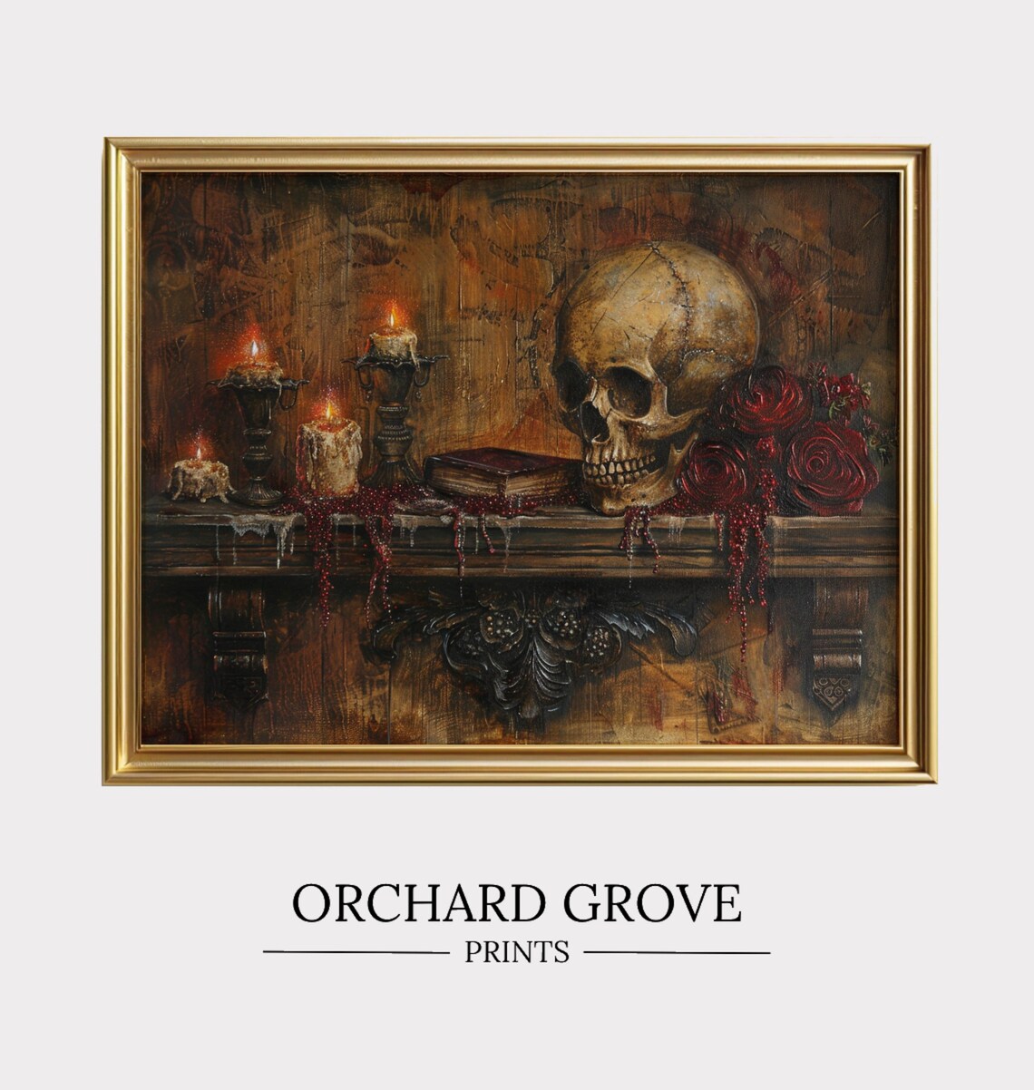 Gothic Skull Candlelit Mantel Dark Roses Memento Mori Moody Halloween Wall Art