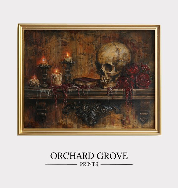 Halloween Skull Art Print Vintage Oil Painting Gothic Wall Decor Dark Academia Print Memento Mori Moody 151