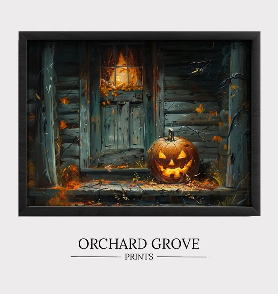 Glowing Jack O Lantern Spooky Cabin Porch Halloween Night Oil Painting Poster