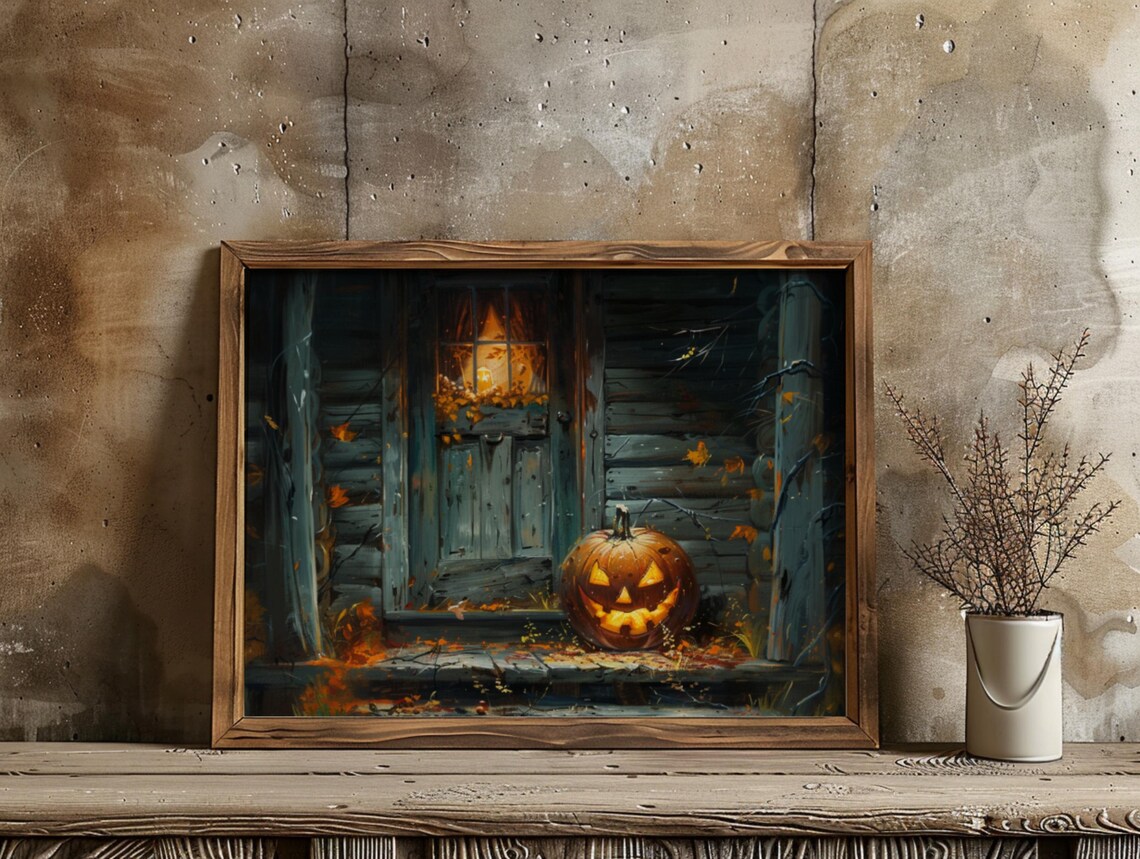 Glowing Jack O Lantern Spooky Cabin Porch Halloween Night Oil Painting Poster - Image 3