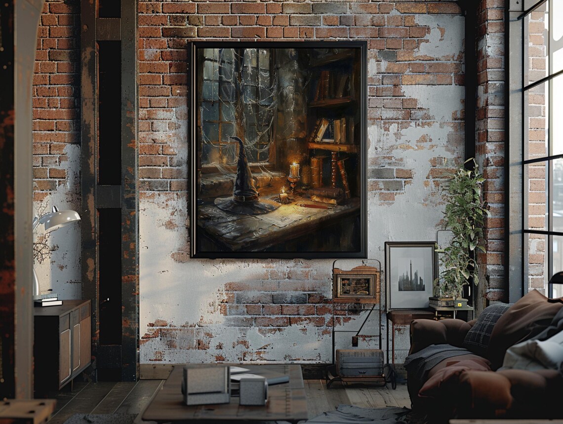 Witch Hat Candlelit Desk Cobweb Window Spooky Halloween Oil Painting Poster - Image 3