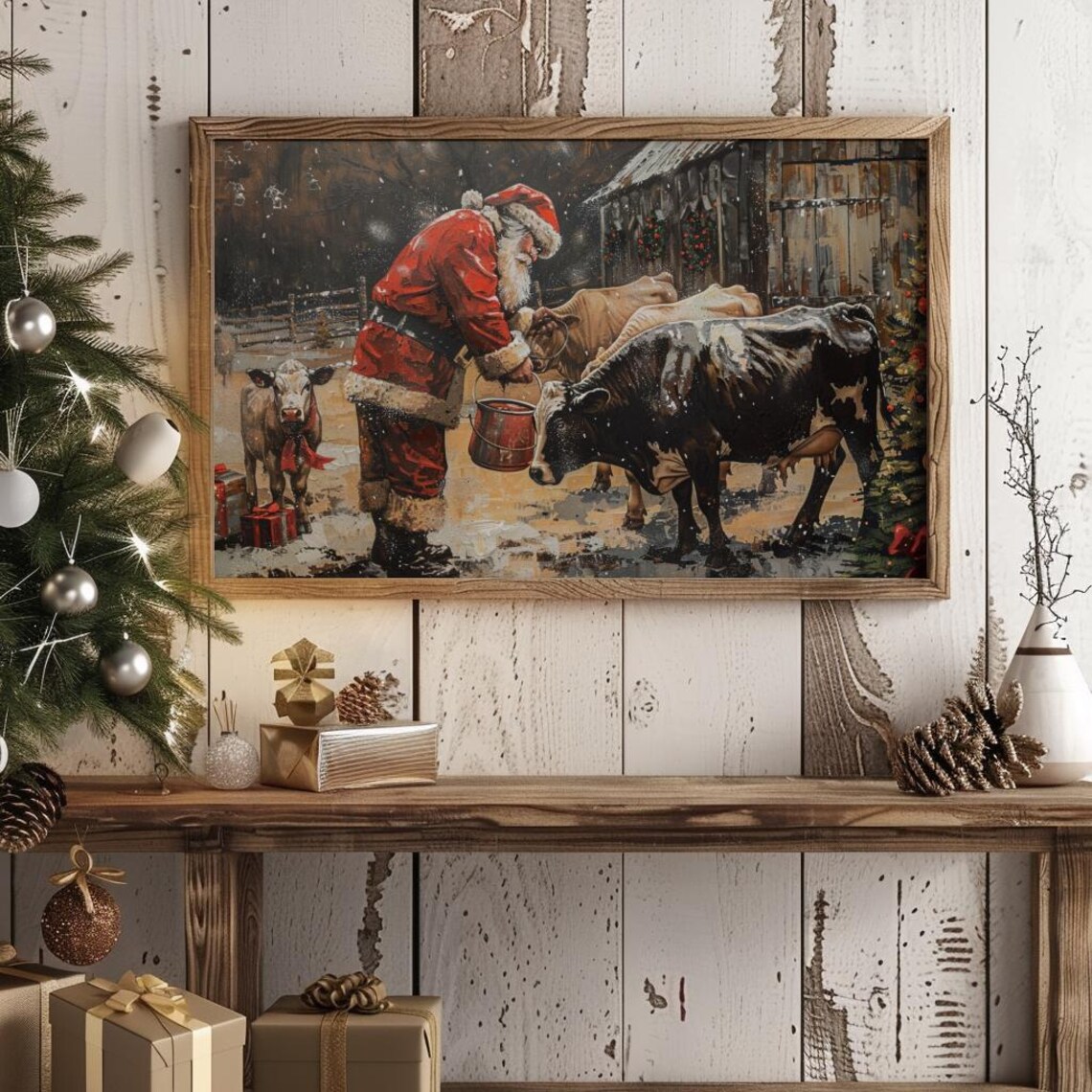 Santa Cows Christmas Farmhouse Vintage Art Print - Image 4