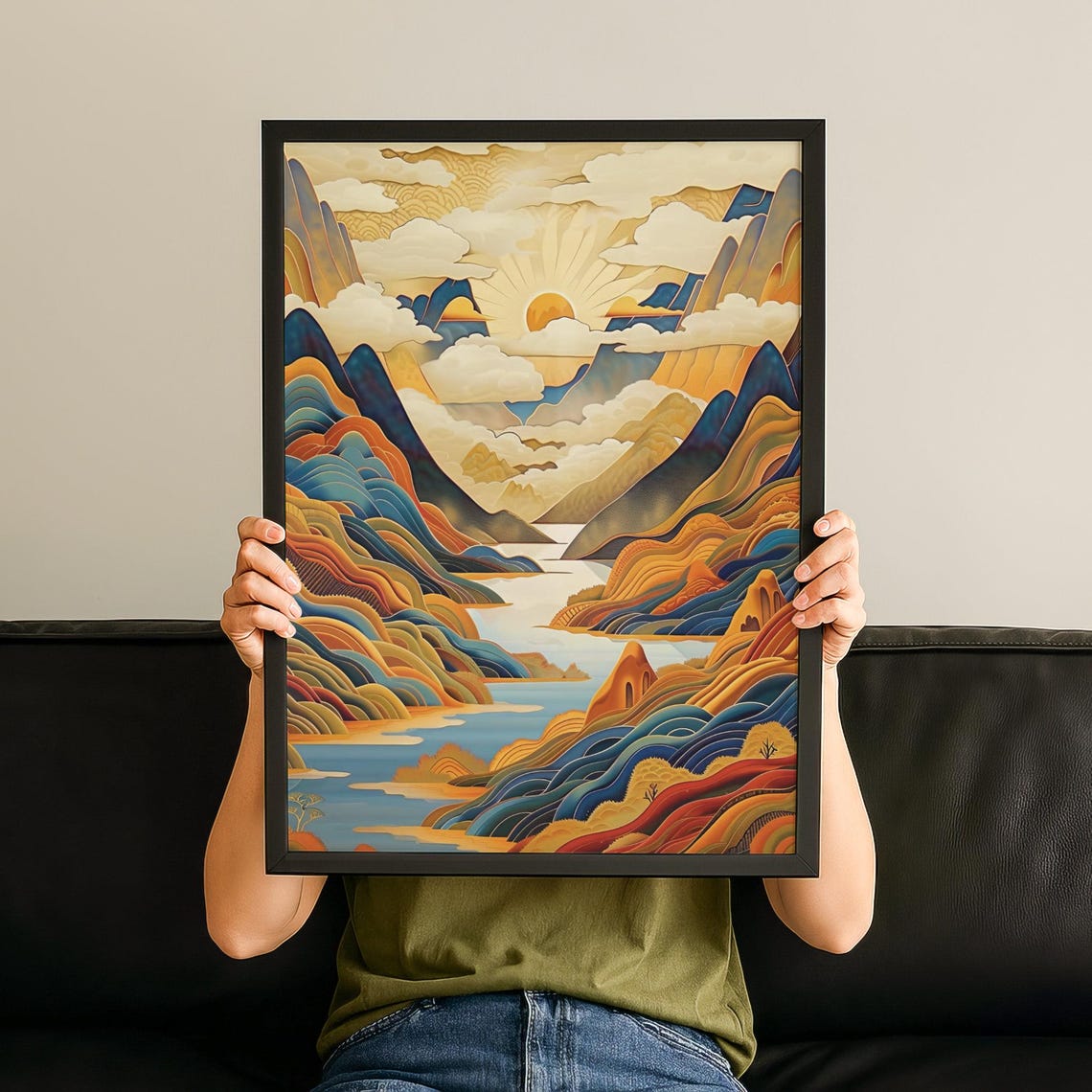 Japandi Mountain Lake Print Minimalist Wabi Sabi Wall Art