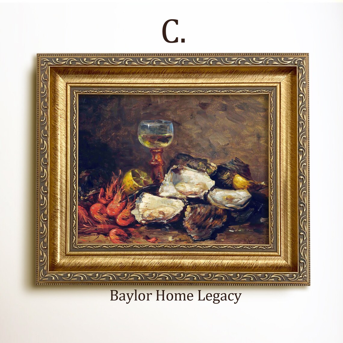 Still Life of Oysters, Prawns and Wine, Vintage Art Print - Image 3