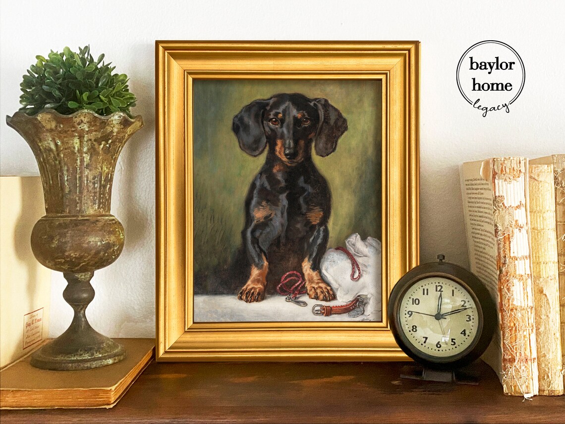 Black And Tan Dachshund Sitting With Leash Vintage Dog Portrait Poster - Image 3