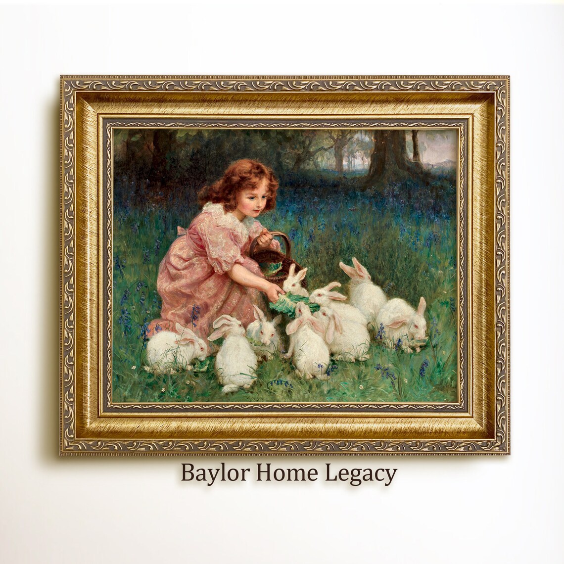 Girl Feeding White Rabbits, Vintage Bunny Art Print