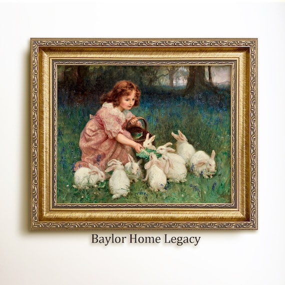 Girl Feeding White Rabbits, Vintage Bunny Art Print