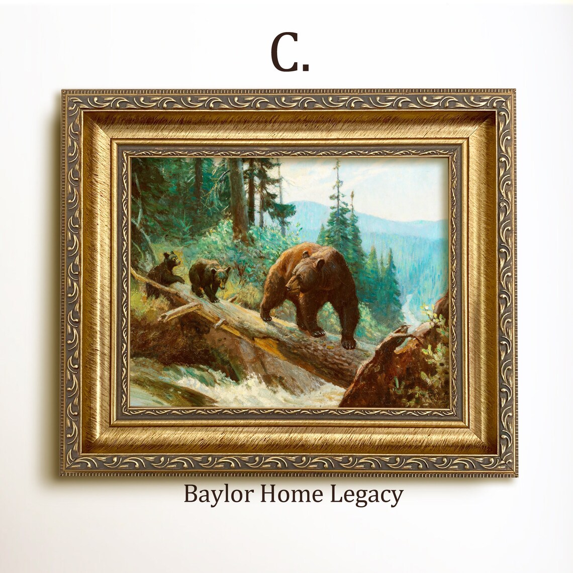 Grizzly Bear With Cubs Crossing Log Mountain Stream Painting Art Print - Image 3