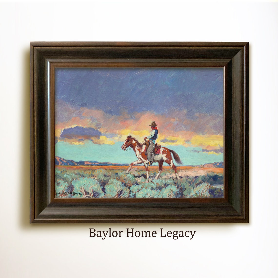 Cowboy On Horseback Desert Sunset Vintage Western Painting Art Poster