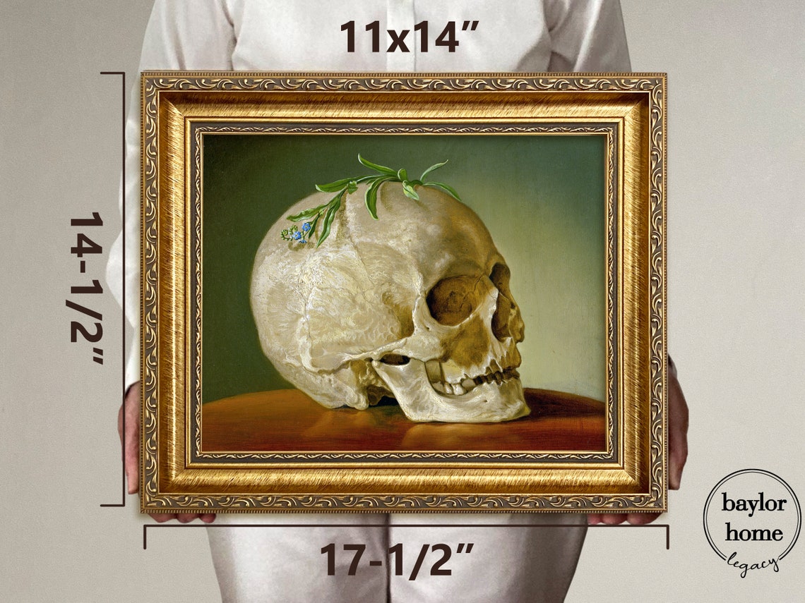 Skull With Forget Me Not Flowers Vintage Vanitas Still Life Art Poster - Image 3