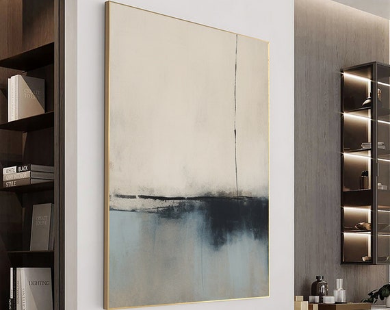 Large Beige Black And Blue Abstract Painting Minimalist Abstract Wall Art Wabi Sabi Painting Beige Abstract Wall Art Beige Wall Decoration