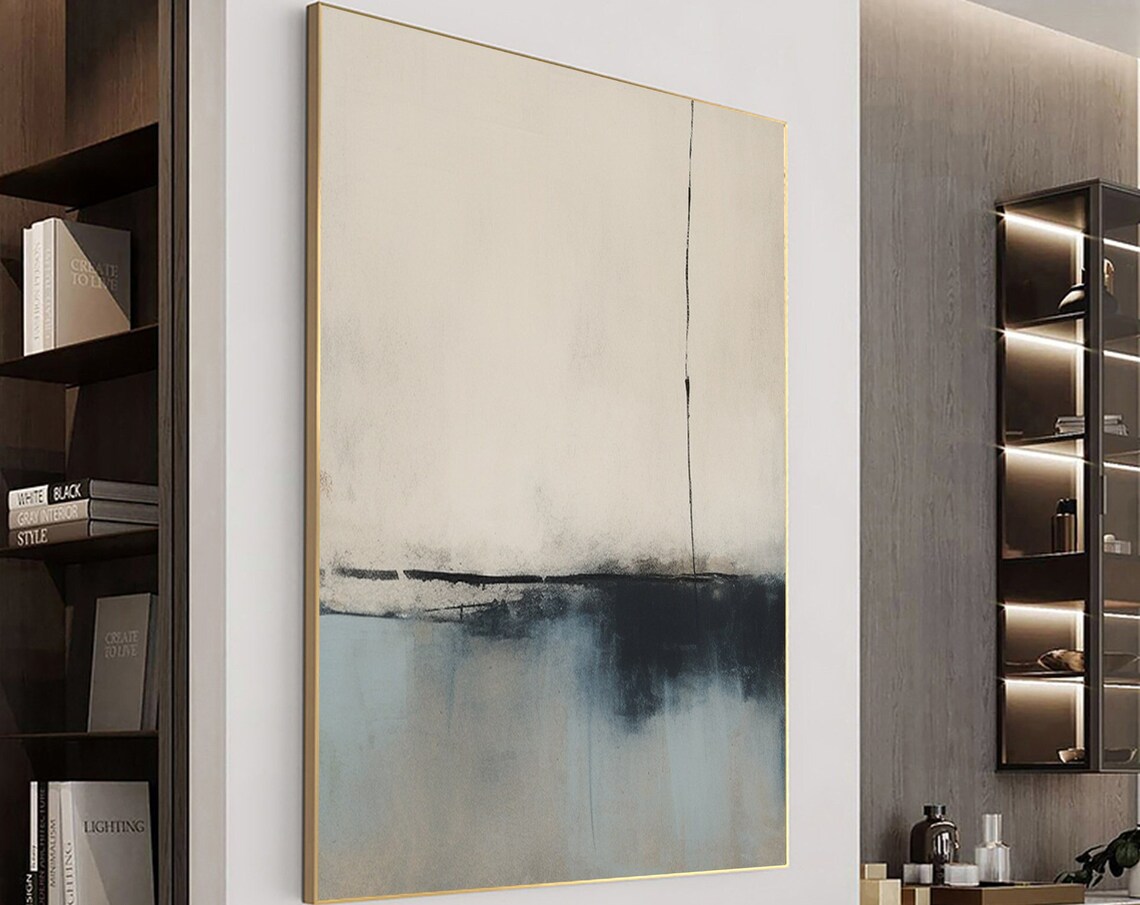 Beige Blue Abstract Horizon Minimalist Modern Art Wall Poster