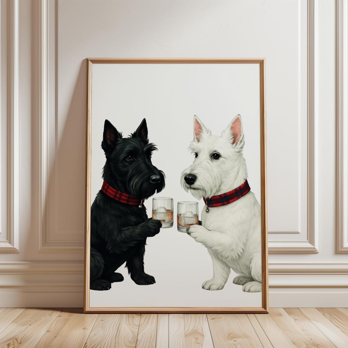 Scottish Terrier and Westie Toasting Whiskey Glasses Dog Art Poster
