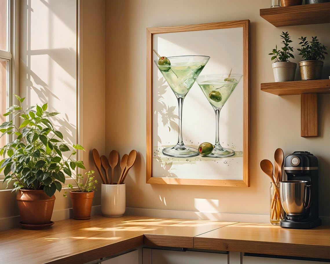 Dirty Martini Glasses Olives Elegant Kitchen Bar Decor Poster