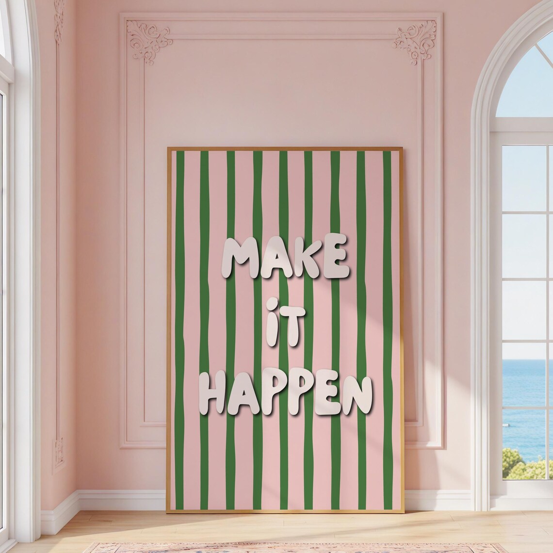Make It Happen Motivational Wall Art Pink And Green Bold Modern Print Empowering Quote For Office Home Decor