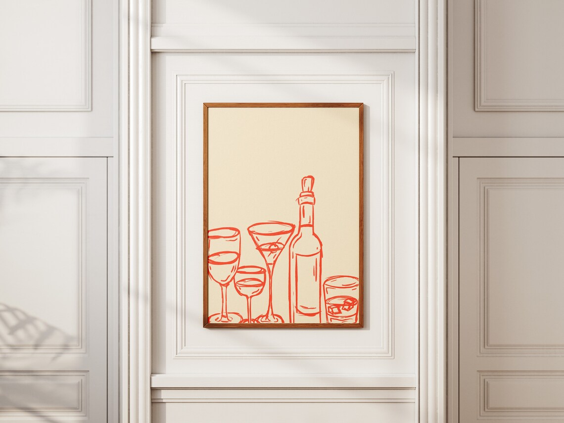 Red Line Art Cocktail Glasses Bottle Modern Bar Decor Poster - Image 3