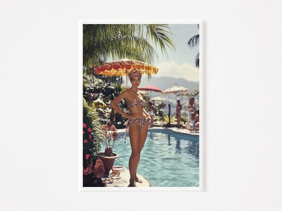 Retro Bikini Woman with Parasol Poolside Vintage Glamour Poster