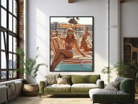 Slim Aarons Style Poolside Wall Art Retro Tennis Glam Print Midcentury Modern Luxury Decor
