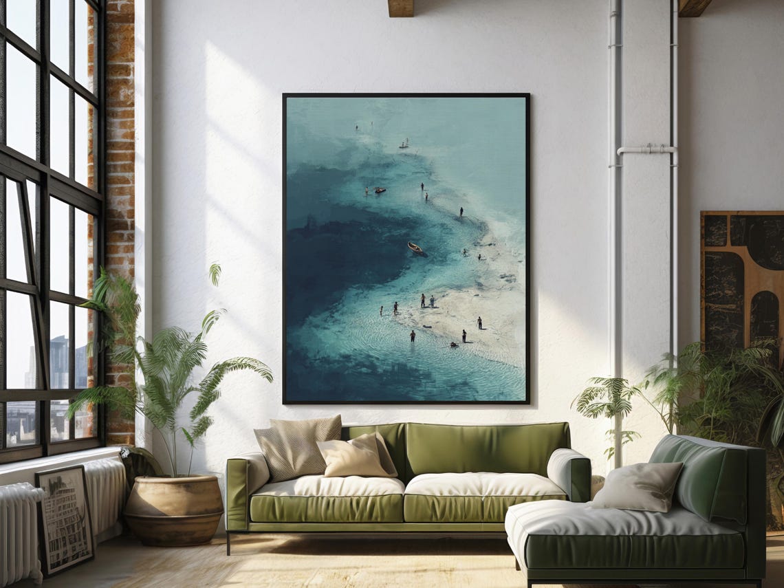 Aerial View of a Sandbar Beach With Tiny Swimmers Minimalist Poster