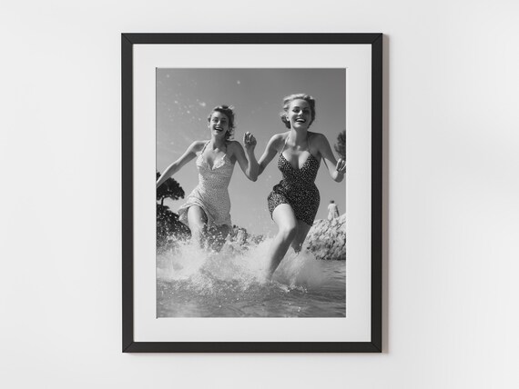 Vintage Beach Photo Women Running Waves Retro Coastal Fun Poster