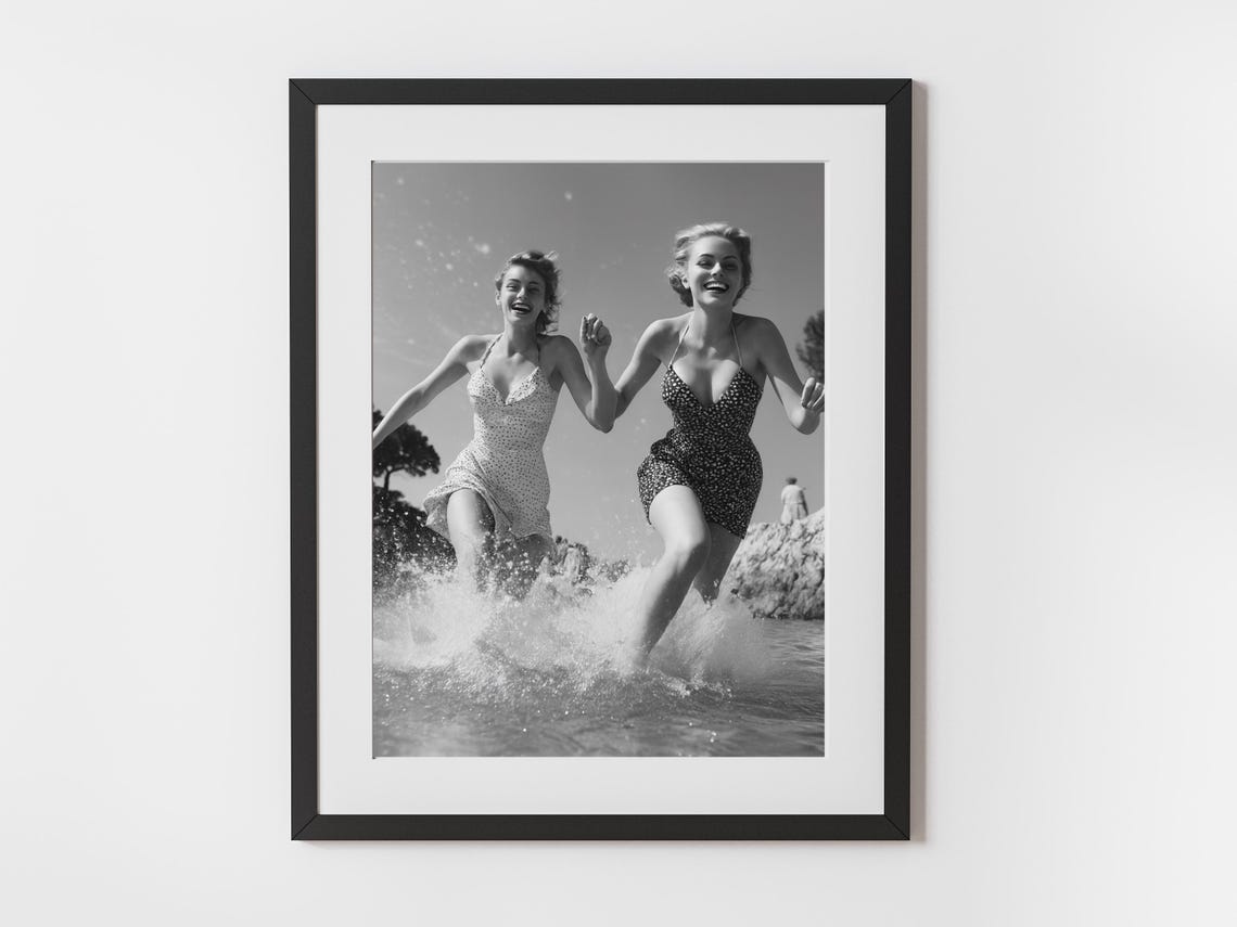 Vintage Beach Photo Women Running Waves Retro Coastal Fun Poster