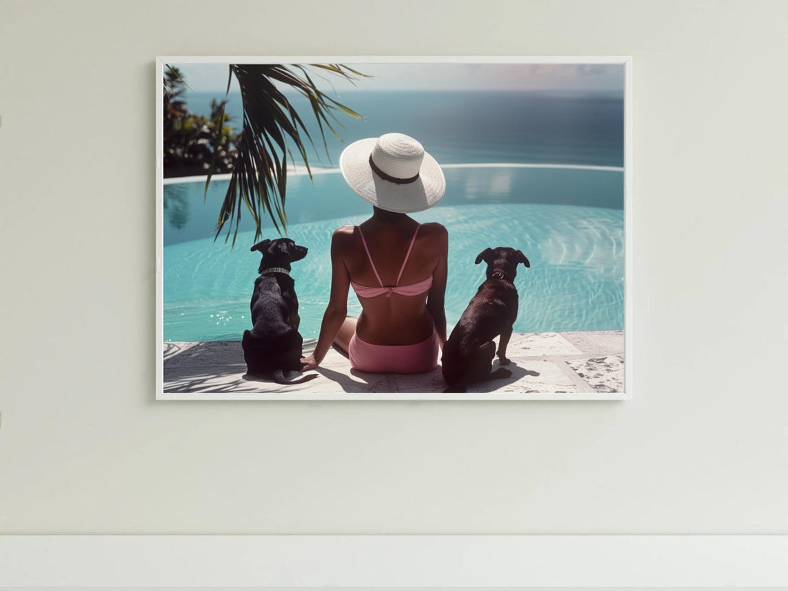 Woman with Two Dogs Poolside Luxury Summer Getaway Photo Poster