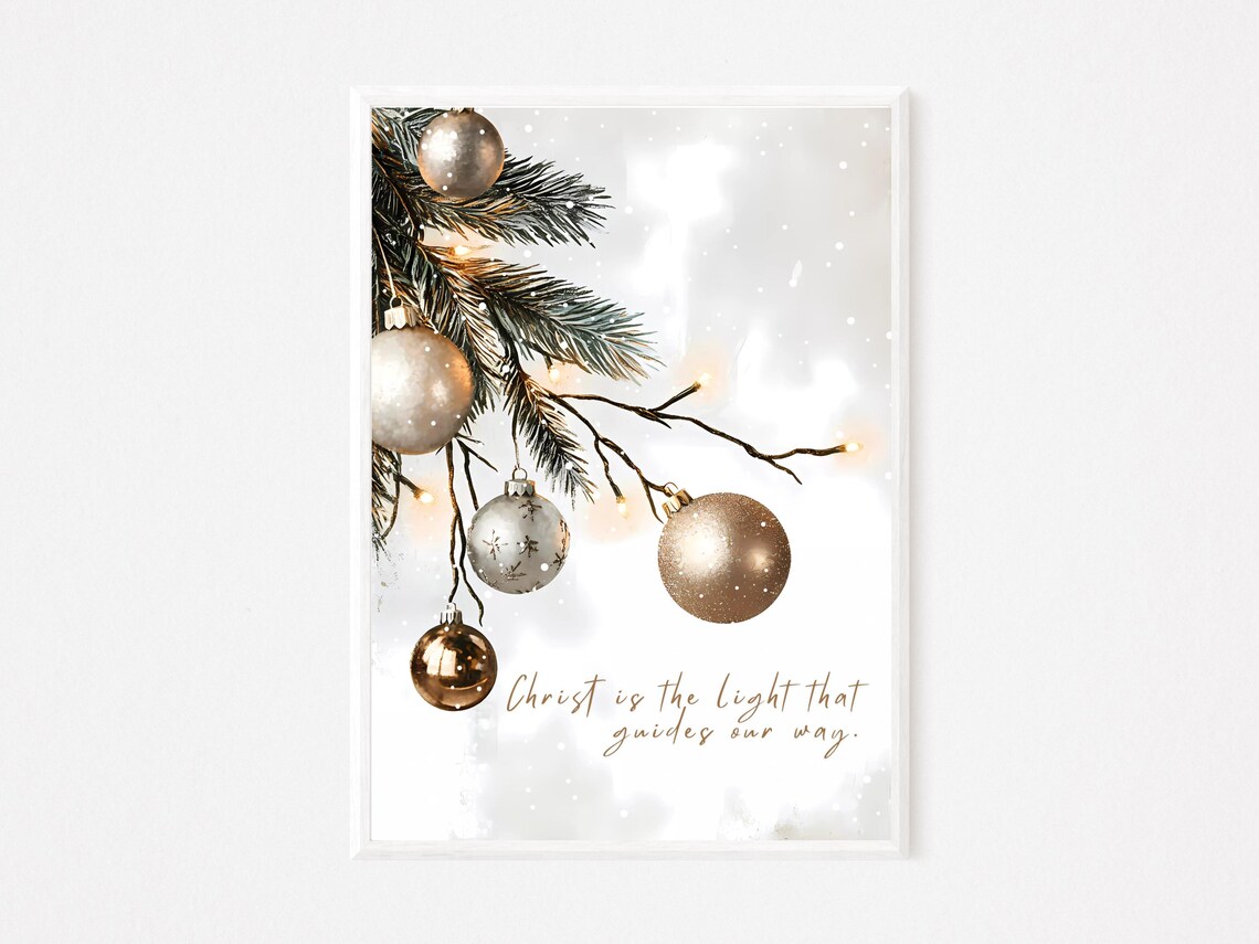Golden Christmas Ornaments on Pine Branch With Faith Quote Poster