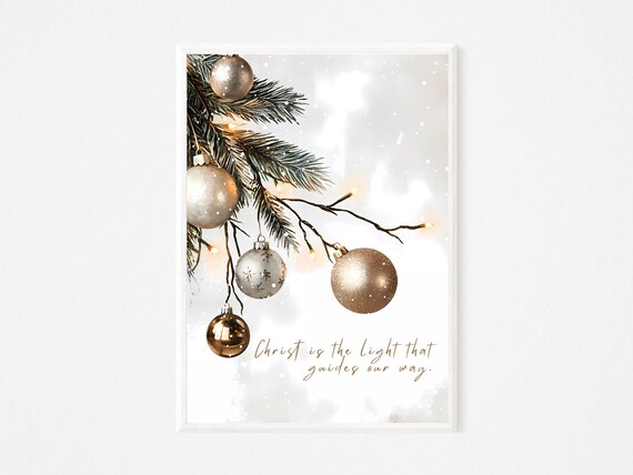 Golden Christmas Ornaments on Pine Branch With Faith Quote Poster
