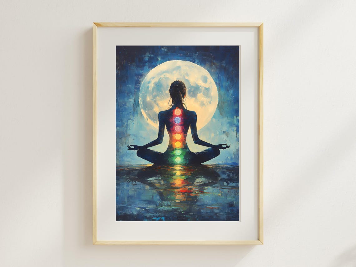 Chakra Meditation Wall Art Moonlight Yoga Silhouette Print Spiritual Healing Decor