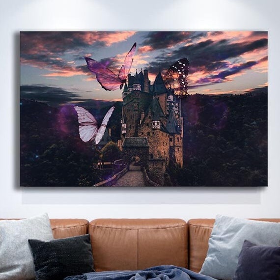 Giant Butterflies On The Castle Surrealist Design Print Wall Decoration Creative Design Ready To Hang Historical Buildings