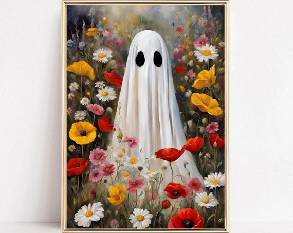 Cute White Ghost Standing In Colorful Wildflower Meadow Poster
