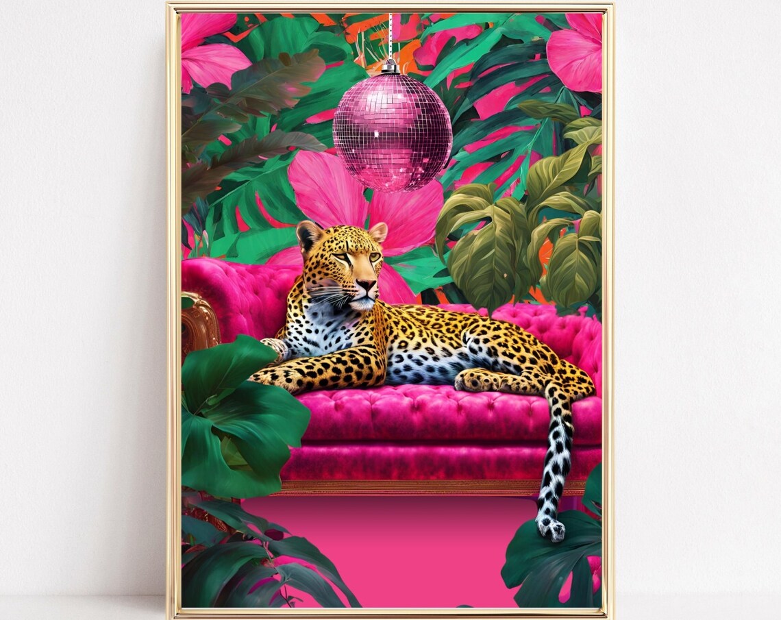Leopard Lounging On A Sofa, Maximalist Art Print