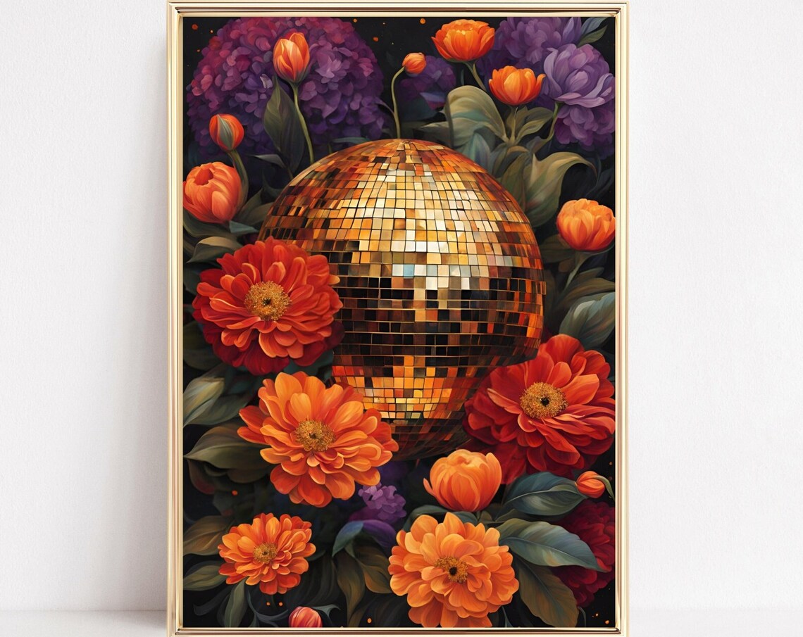 Gold Disco Ball Among Orange Marigolds On Dark Floral Poster