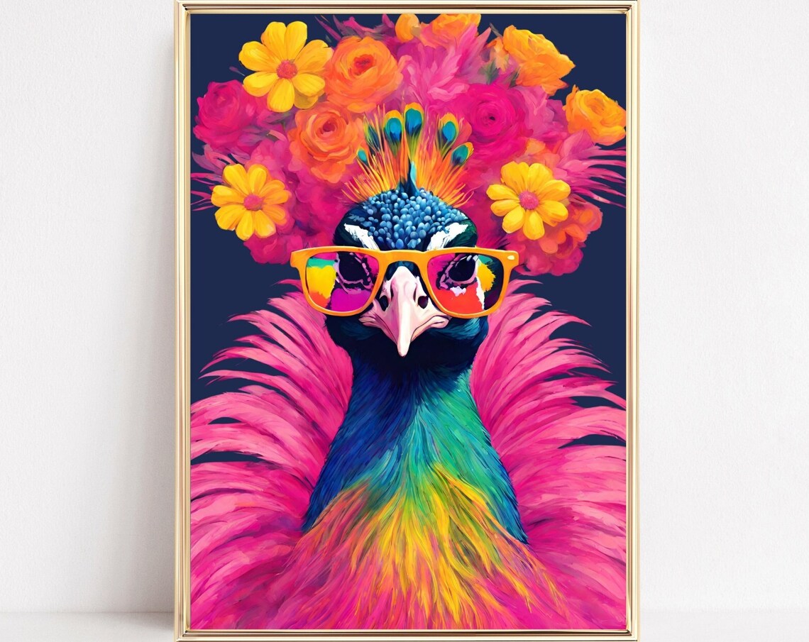 Colorful Peacock Portrait Art Print, Renaissance Style