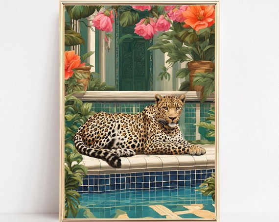 Leopard By The Pool Vintage Leopard Art Print